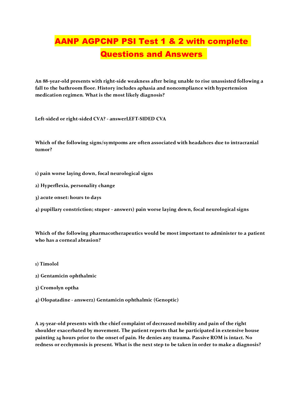 Preview image of AANP AGPCNP PSI Test 1 & 2 with complete Questions and Answers document